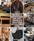 Leather And Vinyl Repair Kit For Furniture, Sofa, Jacket, Car Seats And Purse, repairs shown on various leather items.