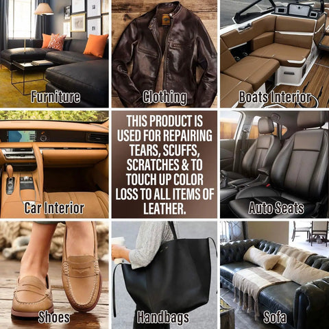 Leather And Vinyl Repair Kit For Furniture, Sofa, Jacket, Car Seats And Purse, repairs shown on various leather items.