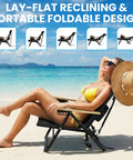 Woman relaxing on Two Pack Portable Beach Chairs For Adults, Lightweight Outdoor Camping Chairs With Wooden Armrests on a sunny beach.