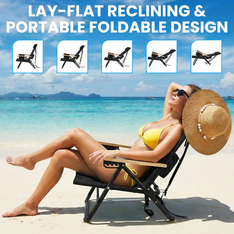 Woman relaxing on Two Pack Portable Beach Chairs For Adults, Lightweight Outdoor Camping Chairs With Wooden Armrests on a sunny beach.