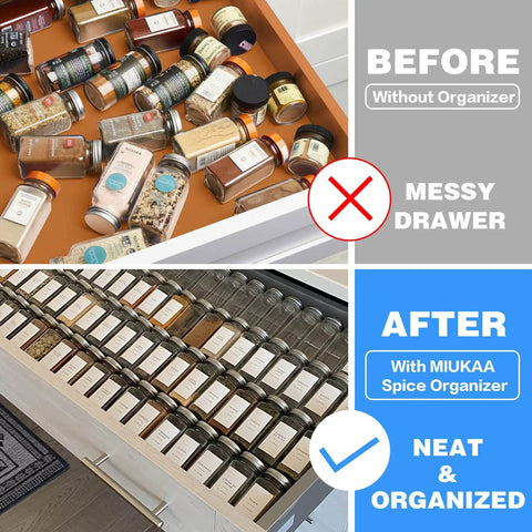 Heavy Duty Clear Acrylic Spice Drawer Organizer 4 Tier 2 Pack, transforming messy drawer into neat rack for jars.