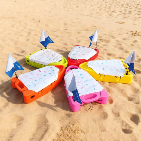 Spearfishing Float Boat With Carry Straps Foldable Flagpole And Compact Storage Red Buoy For Serious Diving And Snorkeling With Built In Waterproof Fish Measuring Scale on beach