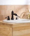 Matte Black 3 Hole Widespread Bathroom Faucet With Two Handles 8 Inch Centers Waterfall Spout Farmhouse Style on wood countertop