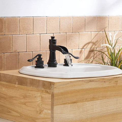 Matte Black 3 Hole Widespread Bathroom Faucet With Two Handles 8 Inch Centers Waterfall Spout Farmhouse Style on wood countertop