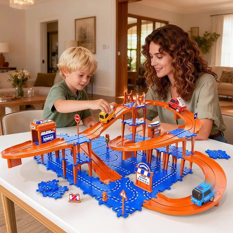 Mother and child playing with Fun-Filled 96 Piece Puzzle Track Car Set With 4 Tier Race Tracks for kids ages 3-6