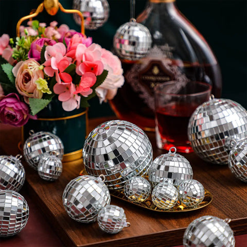 Must Have 50 Piece Silver Mirror Disco Ball Decor Set With Hanging Rings In Mixed Sizes for decorative event setup