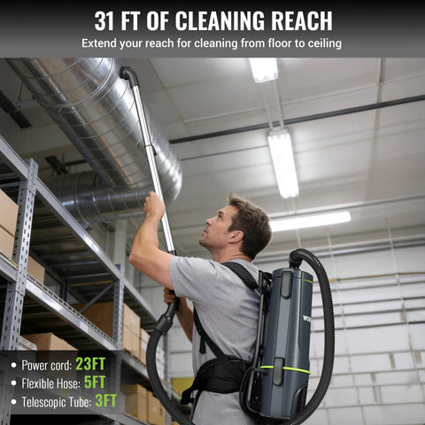 No Nonsense Commercial Grade Backpack Vacuum With Ergonomic Harness And Kickass 1200 Watt Motor extended to clean high ceilings.