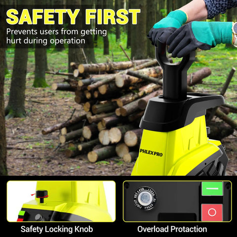 Powerful 15 Amp Electric Wood Chipper Shredder With 50L Collection Bin And 1.8 Inch Cutting Diameter, safety features shown