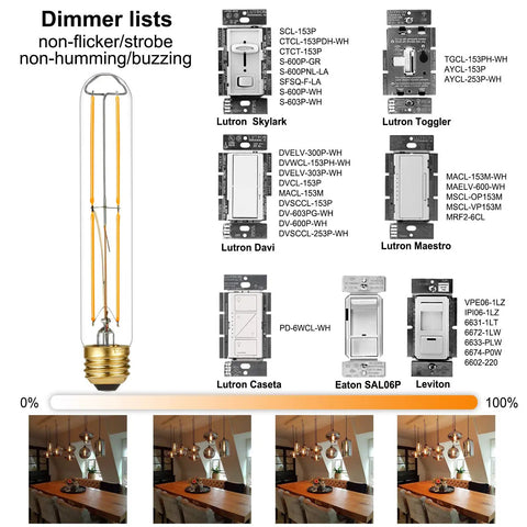 Dimmable E26 LED Bulb 6W Equal 60W with dimmer compatibility chart and warm white lighting demonstration