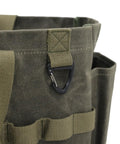 Close-up of waxed canvas firewood carrier tote corner with clasp detail, Waxed Canvas Firewood Carrier Tote For Camping And Garden Work in army green.
