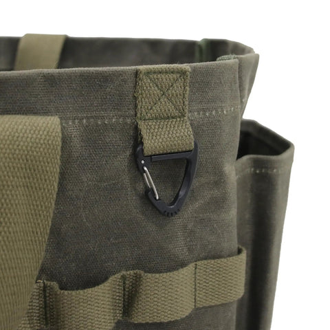 Close-up of waxed canvas firewood carrier tote corner with clasp detail, Waxed Canvas Firewood Carrier Tote For Camping And Garden Work in army green.