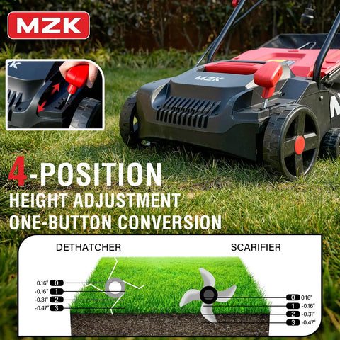Powerful 13 Amp 2 In 1 Electric Dethatcher And Scarifier With Four Position Height Adjustment shown on grassy lawn