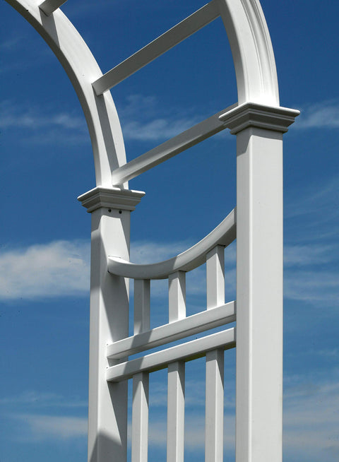 Close-up of Durable White Vinyl Arbor For Outdoor Garden Pathway 49 Inch Wide By 91 Inch High, featuring weather-resistant design