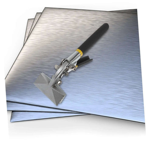 Metal Bending Pliers Form Edge Seamer Hand Seamer Tool on metal sheets, tight clamp design for roofing and window frame installation.