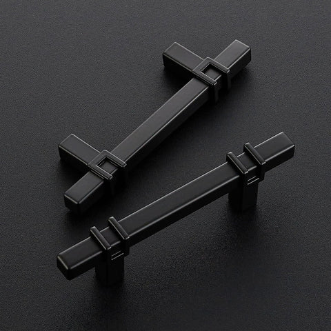 Two Matte Black Cabinet Handles Set of 10 - 3 Inch Center Hole Zinc Alloy Square Bar Drawer Pulls on dark background