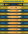 9-piece screw extractor set showing drill bit and extractor sizes on chart