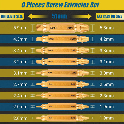 9-piece screw extractor set showing drill bit and extractor sizes on chart