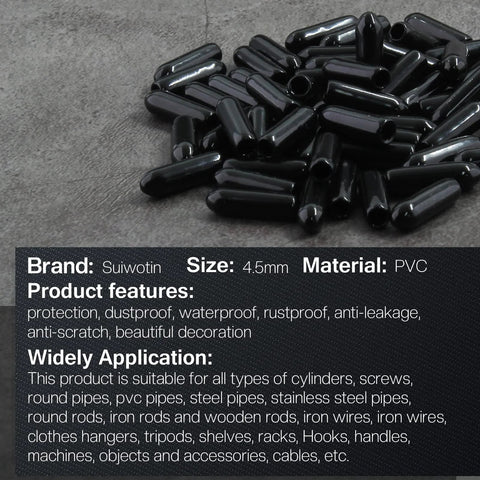 60 Pieces 4.5mm Screw Thread Protectors Rubber End Caps shown in black vinyl material with product features and application description.
