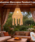 Boho Chic Macrame Pendant Lights With Tassels in gazebo setting, remote dimmable and timer, cozy evening ambiance.
