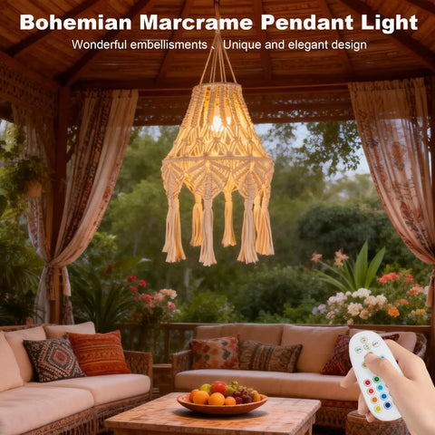 Boho Chic Macrame Pendant Lights With Tassels in gazebo setting, remote dimmable and timer, cozy evening ambiance.