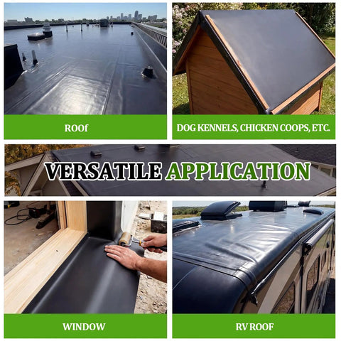 Heavy Duty EPDM Rubber Roofing Membrane Roll 50 Mil Thick 39 By 15 Feet Black Vulcanized Weatherproof Sheet used on various roofs.