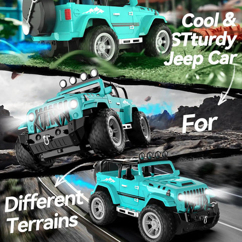All Terrain 1to16 Scale Remote Control SUV With Fog Mist And Music Dual Battery RC Truck With Trailer Hitch 2 4GHz Off Road Crawler Toy Epic Gift For Boys Today showing blue Jeep car on various terrains