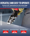 Snap Lock Punch Tool for Sheet Metal and Ductwork in use, punching 3/8" impressions on metal edge; suitable for 24-26 Ga steel.