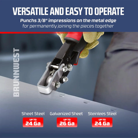 Snap Lock Punch Tool for Sheet Metal and Ductwork in use, punching 3/8" impressions on metal edge; suitable for 24-26 Ga steel.