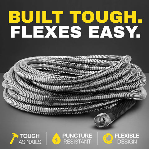 BIONIC STEEL 10 ft garden hose extension; coiled metal hose with screw-on connector.