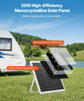 20W 12V Solar Panel Battery Charger With Intelligent MPPT Controller in front of RV in outdoor setting with trees and grass