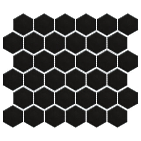 2-Inch Hex Matte Black Porcelain Mosaic Tile For Floors And Walls Mesh Mounted 11.13 x 12.63 Inches Grade 1 First Quality PEI III
