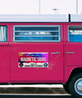 2 Pack 12x24 Custom Magnet Signs In Full Color For Business And Advertising, 30 Mil Vinyl Car Magnets on a pink van.
