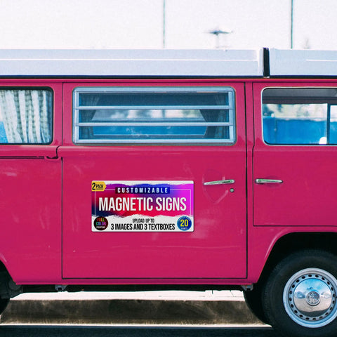 2 Pack 12x24 Custom Magnet Signs In Full Color For Business And Advertising, 30 Mil Vinyl Car Magnets on a pink van.