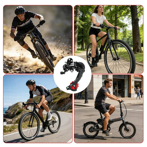 Rear Derailleur Tourney RD TZ500 Six Seven Speed Direct Mount For Mountain, Road, Trail, Folding And Commuter Bikes shown in cycling scenes