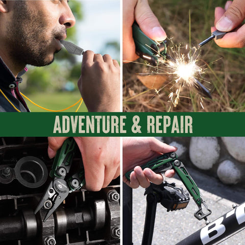 CNC Machined Multitool Pliers 27 In 1 EDC Tool With Pocket Knife Fire Starter Whistle Bottle Opener Screwdriver shown in use