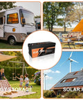 Image showing RV, camping setup, home energy storage, solar panels, and High Capacity 24V 100Ah LiFePO4 Battery With Built In 100A BMS 2560Wh 10000 Plus Deep Cycles Rechargeable For Off Grid Solar RV Marine And Home Storage For All Day Power.