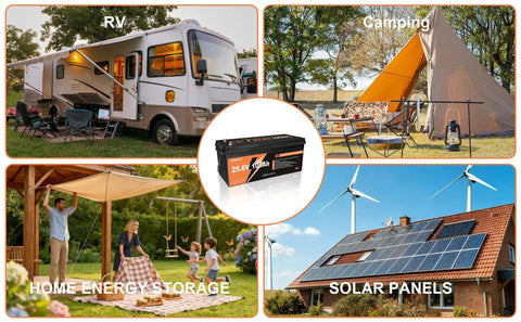 Image showing RV, camping setup, home energy storage, solar panels, and High Capacity 24V 100Ah LiFePO4 Battery With Built In 100A BMS 2560Wh 10000 Plus Deep Cycles Rechargeable For Off Grid Solar RV Marine And Home Storage For All Day Power.