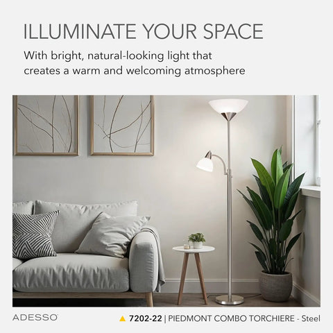 Piedmont 71 Inch Floor Lamp With Dual 150W Torchiere Up Light And 60W Reading Lamp in living room setting