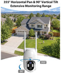 Tough As Nails 4G LTE Solar Cellular Security Camera With Built In Sim Card Runs Smooth Without WiFi Secures Remote Driveways Farms And Ranch Sites Featuring 24 Hour Continuous Recording showing 355° pan and 90° tilt capability.