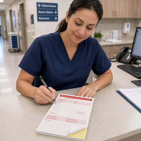 Two Part Carbonless Maintenance Request Forms Book Set, 50 Packs of 100 Sheets Per Book, Easy Tear Perforated Copies for Quick Service Requests, Durable Paperwork for Maintenance Teams and Field Technicians, hospital nurse writing form