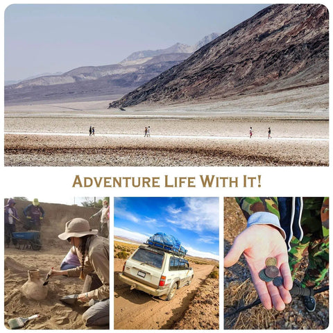 Collage of outdoor adventures featuring desert hiking, archaeological digs, a car with gear for camping or disaster recovery, and coins