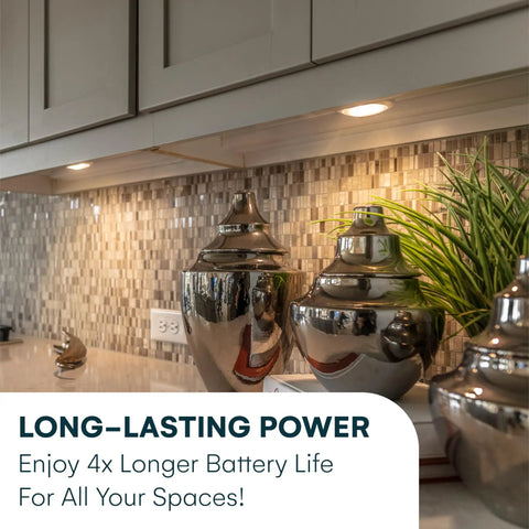 Six Pack Stick On Puck Lights With Remote Controlled DIY LED Under Cabinet Lighting For Kitchen Closet And Countertops Battery Powered Easy Install With Adhesive Or Screw Mounts And Adjustable Brightness illuminating a kitchen countertop.