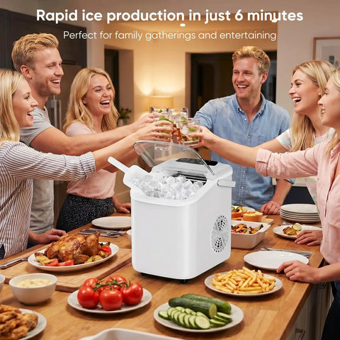 Countertop Ice Maker With Portable Handle And Ice Basket, Delivers Up To 26 Lbs Of Ice Per Day on dining table at home