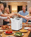 Score Big On Fresh Ice Every Day With This Compact Countertop Machine shown on table with friends and food.