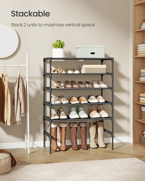 Three Tier Shoe Rack Organizer For Entryway With No-Fuss Space Saving Metal Frame And Non Woven Fabric Shelves, Black Shoe Storage Unit, displaying shoes