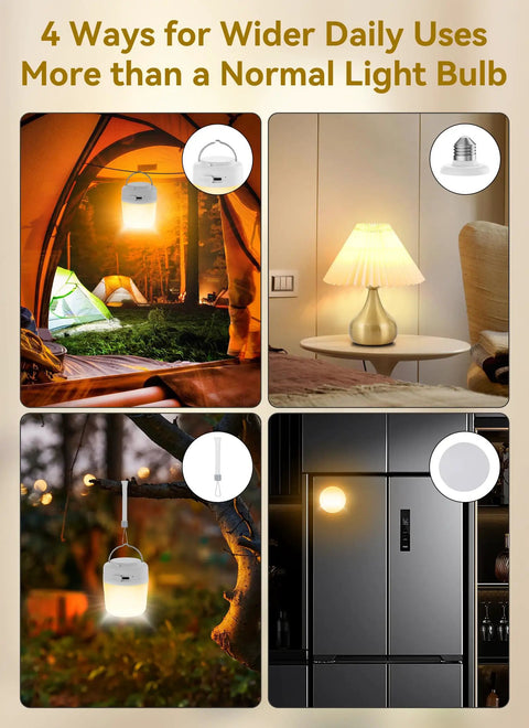 Go-To Rechargeable E26 LED Light Bulbs with Remote and Timer used in tents, lamps, camping, and kitchen, 2 pack.