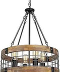 Farmhouse Rustic 4-Light Drum Pendant Chandelier With Round Wood Frame And Black Metal Finish For Dining Room