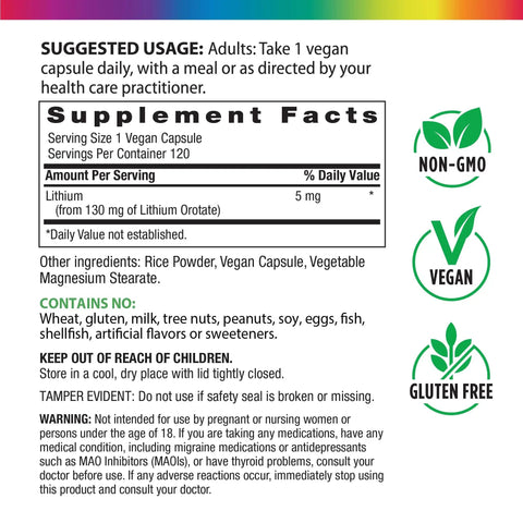 Supplement facts for Lithium Orotate 5 Mg Supplement In Vegan Capsules 120 Count Bioavailable Trace Element Non GMO Gluten Free