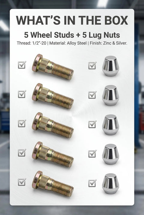 Upgrade Your Ride With 5 Pack 1/2 Inch 20 Taper Wheel Studs And Lug Nuts Kit High Strength Tire Bolts To Replace Old Worn Out Parts For Most Cars In Sweet Gold Finish, 5 wheel studs and lug nuts