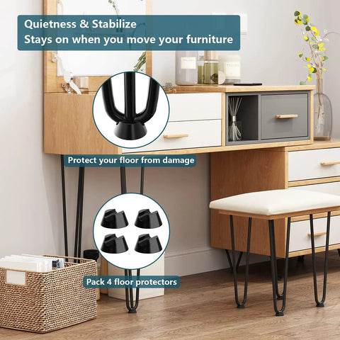 24 Inch Hairpin Table Legs Set of 4 for DIY Furniture Makeovers shown with rubber floor protectors on wooden desk and bench